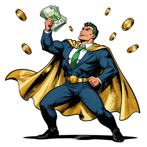 Billion&auml;r-Maskottchen mit Bonus-Geldstapel und M&uuml;nzregen im Comic-Pop-Art-Stil