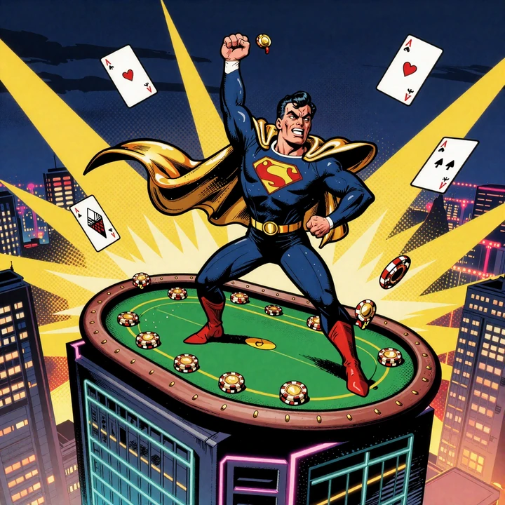Billion&auml;r-Superheld-Maskottchen kommandiert einen Live-Pokertisch im Neon-Wolkenkratzer mit fliegenden Karten und Chips
