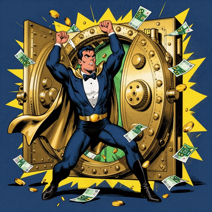 Billion&auml;r-Superheld-Maskottchen sprengt im Comic-Pop-Art-Stil einen goldenen Casino-Tresor mit explodierenden Geldscheinen und M&uuml;nzen